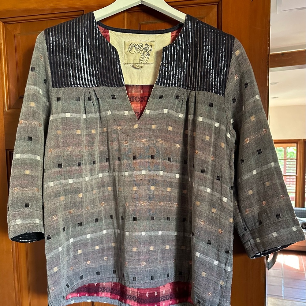 Ace & Jig Popover Blouse Top. Easy Breezy Gauzey Double Layer w/ Metallic Thread